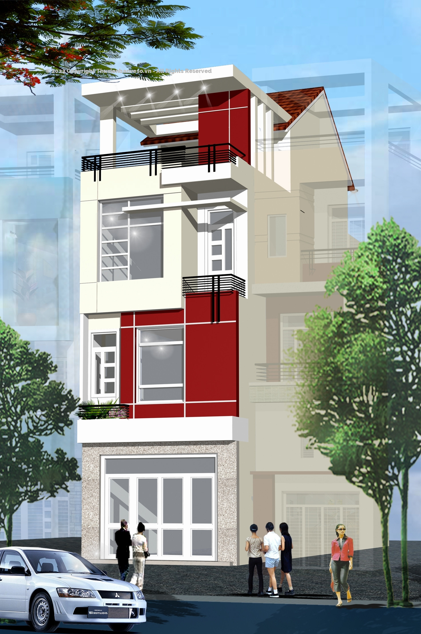 Bản vẽ Nhà phố 4 tầng, 4x15m, đầy đủ kiến trúc, kết cấu, điện nước
